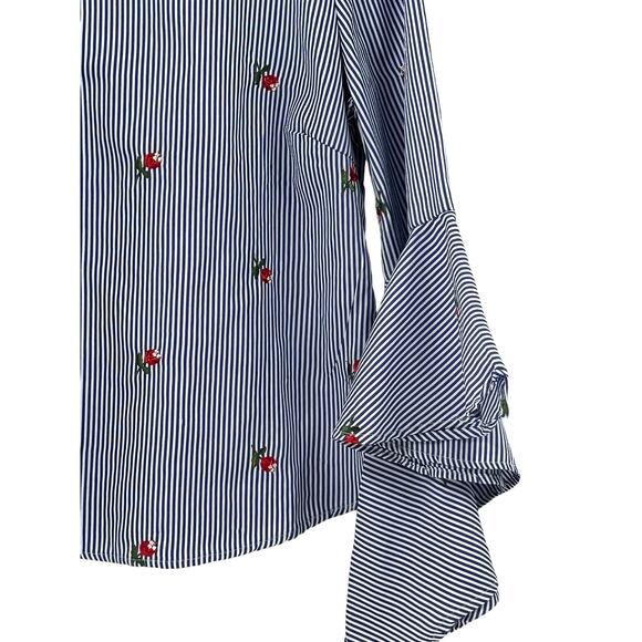 Kontro J Blue & White Stripe Embroidered Flowers Blouse - Medium - Picture 6 of 10